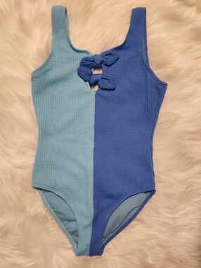 Two-Tone Blue Textured One-Piece Swimsuit - Girls Size 8 - Breaking Waves